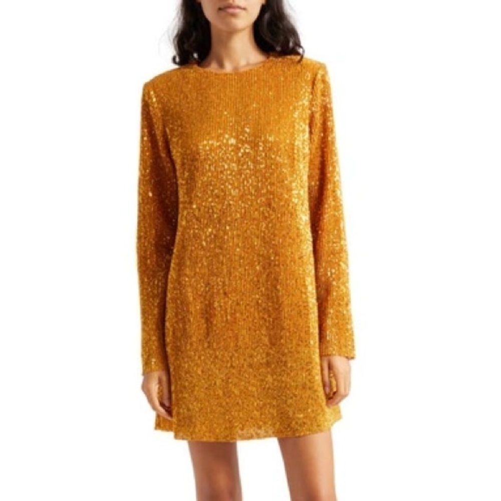New Stine Goya Odis Mini Shift Dress Gold Sequin Sparkle Long Sleeve Sz S